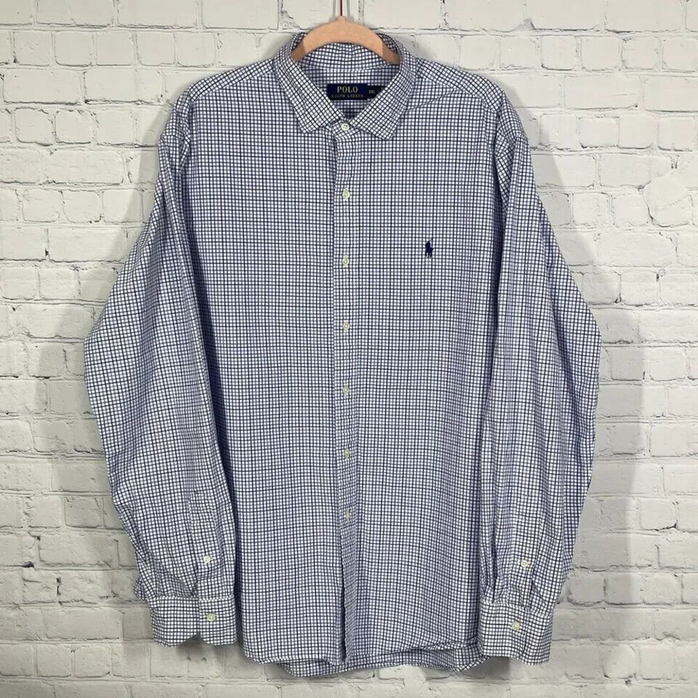 Polo Ralph Lauren Shirt Mens 2XL XXL Button Up Plaid Check Gingham Blue Pony